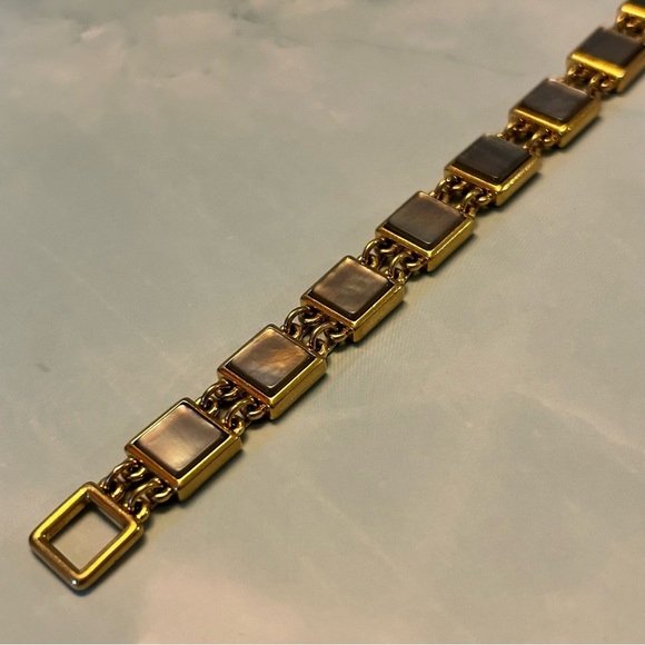 Vintage Monet Gold Tone and Grey Mother of Pearl Square Tile Link Bracelet - Picture 3 of 5